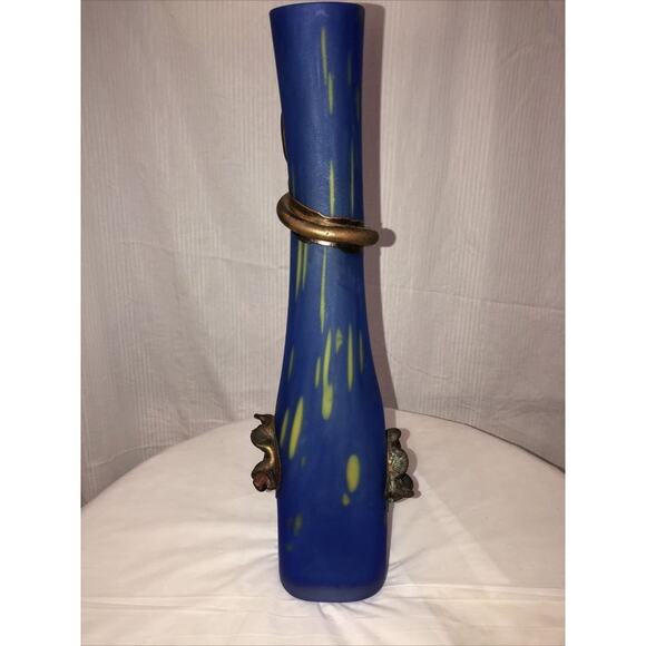 Handmade Blown Glass Vase Engraved with Metal Blue yellow Art Nouveau Style - Picture 5 of 11